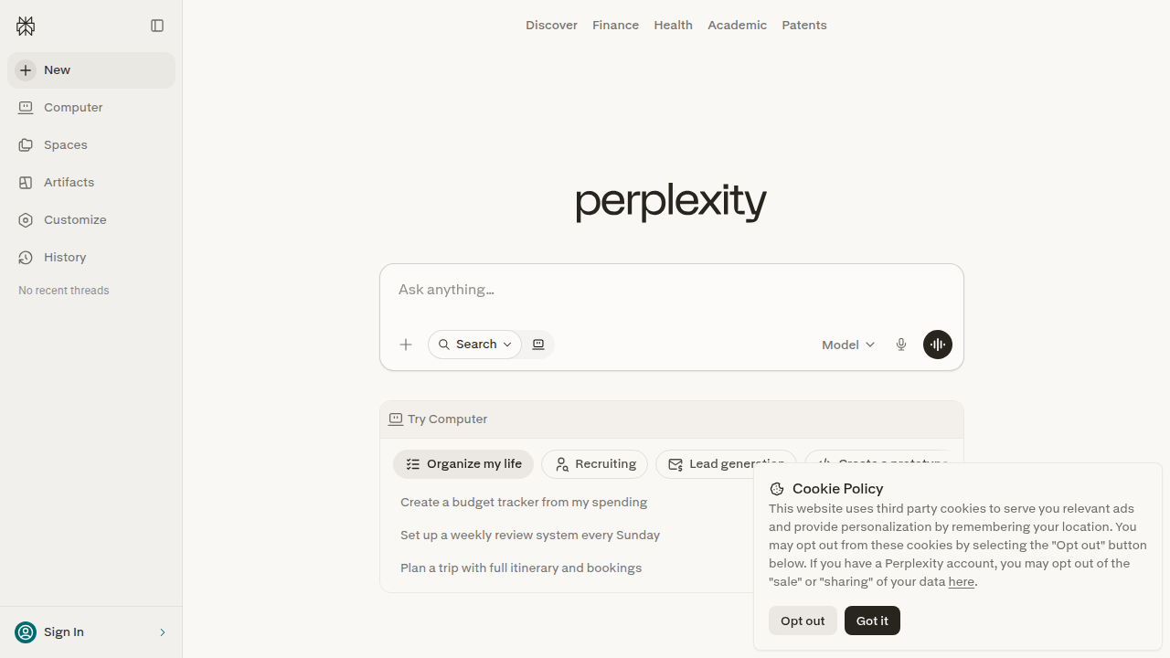 A screenshot of the Perplexity AI interface, showcasing its unique feature of providing sources alongside answers, making it ideal for deep research and verification.