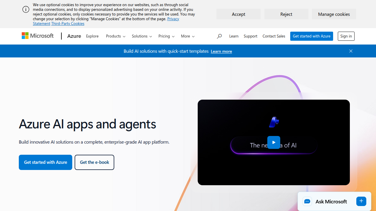 A screenshot of the Microsoft Azure AI solutions homepage, representing a leading enterprise AI platform with built-in compliance and security features.