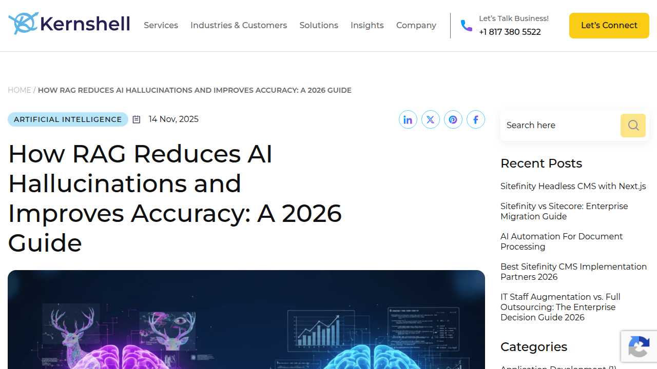 A screenshot of a KernShell article detailing how Retrieval-Augmented Generation (RAG) significantly reduces AI hallucinations and improves accuracy.