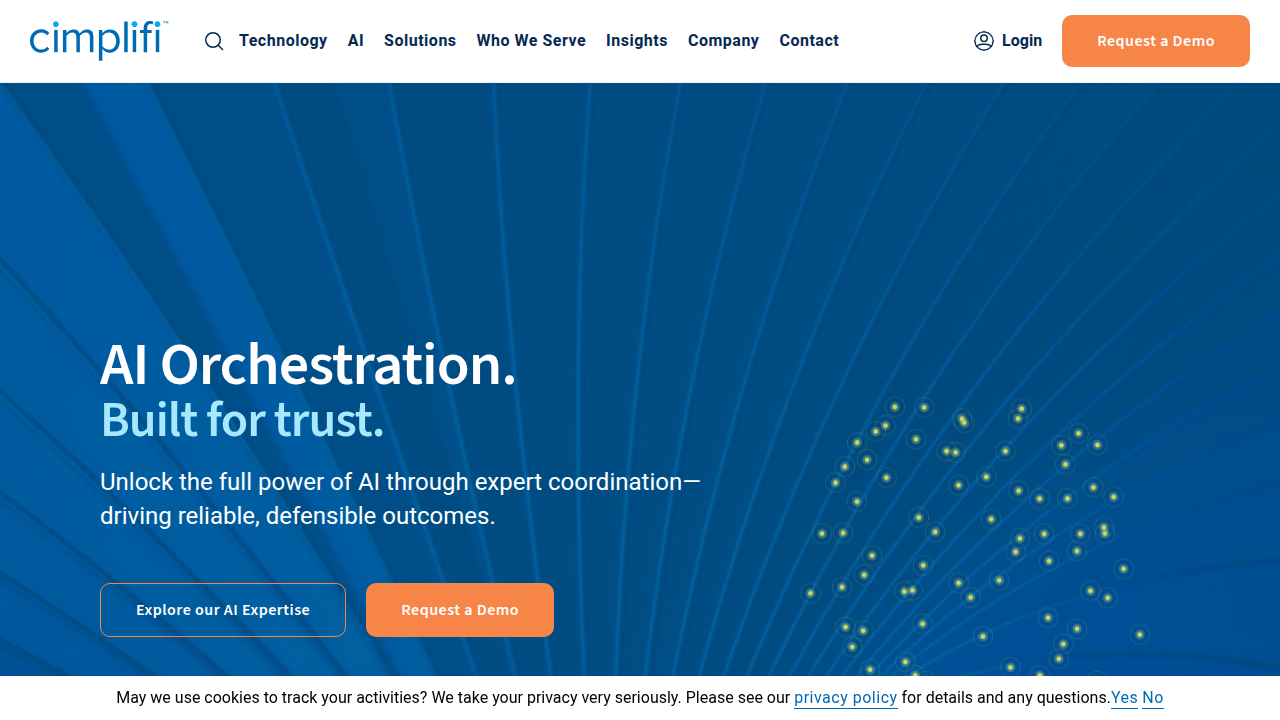 A screenshot of the Cimplifi homepage, a platform offering resources and guidance for navigating the evolving AI regulation landscape.