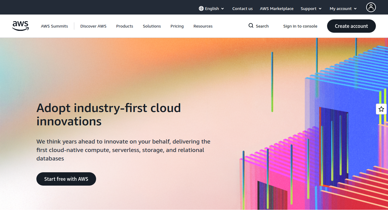 The homepage for Amazon Web Services (AWS), showcasing their extensive cloud computing offerings for data.