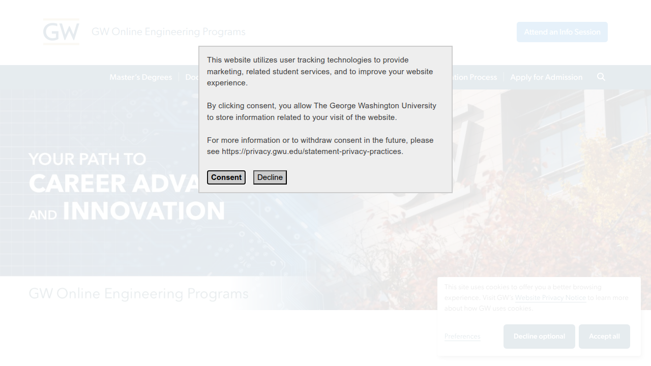 A screenshot of George Washington University's Online Engineering homepage, featuring their Master's in Cloud Computing Management program.