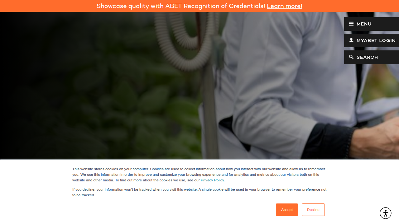 A screenshot of the ABET organization's homepage, a leading accreditor for engineering and computing education programs.