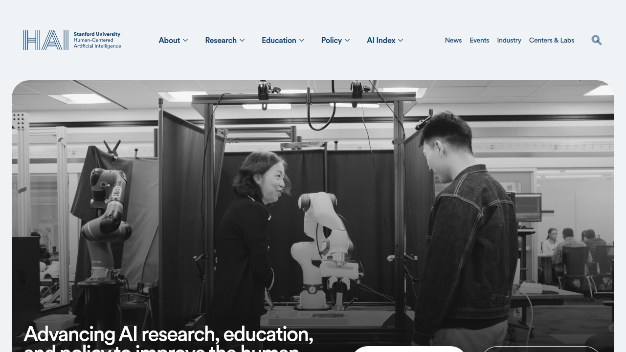 The Stanford Human-Centered Artificial Intelligence (HAI) website, a source for comprehensive AI research and annual AI Index reports.