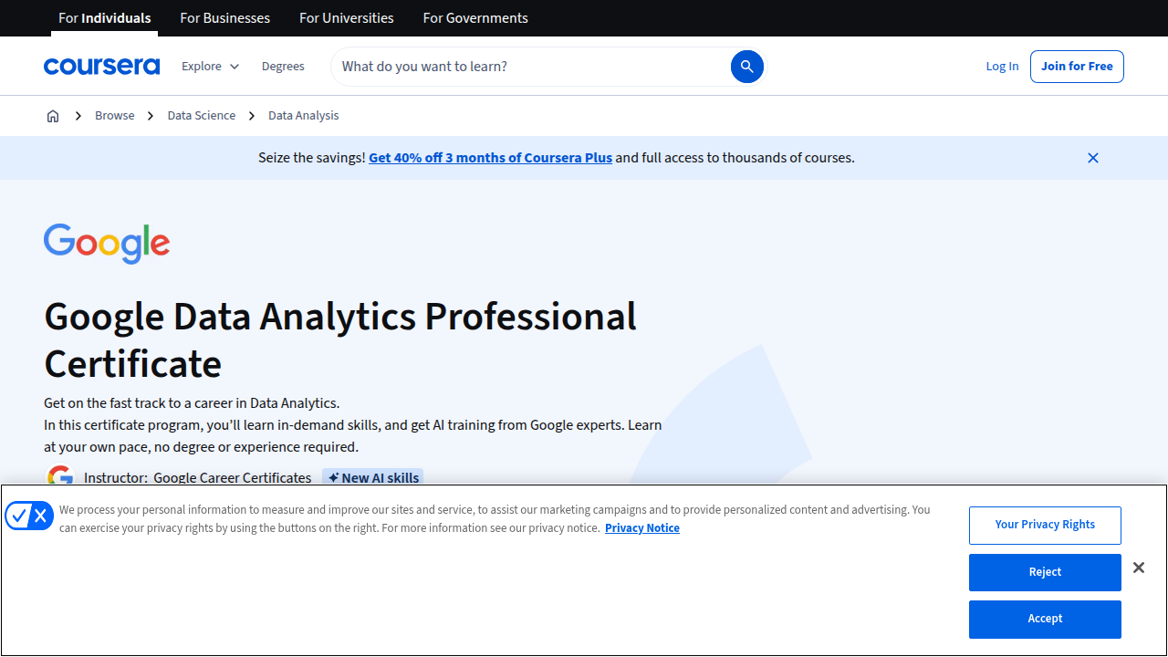 A screenshot of the Google Data Analytics Professional Certificate page, offering a starting point for career changers into data engineering.
