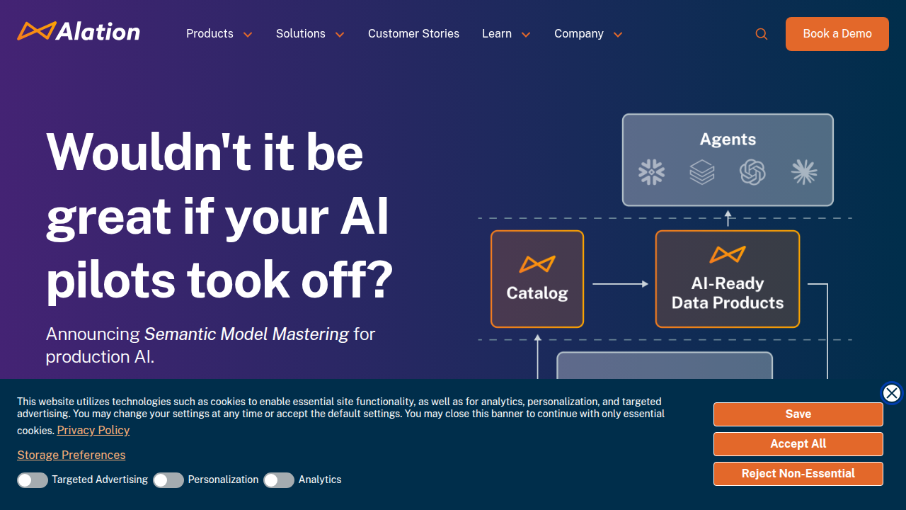A screenshot of the Alation homepage, known for its expertise in the modern data stack.