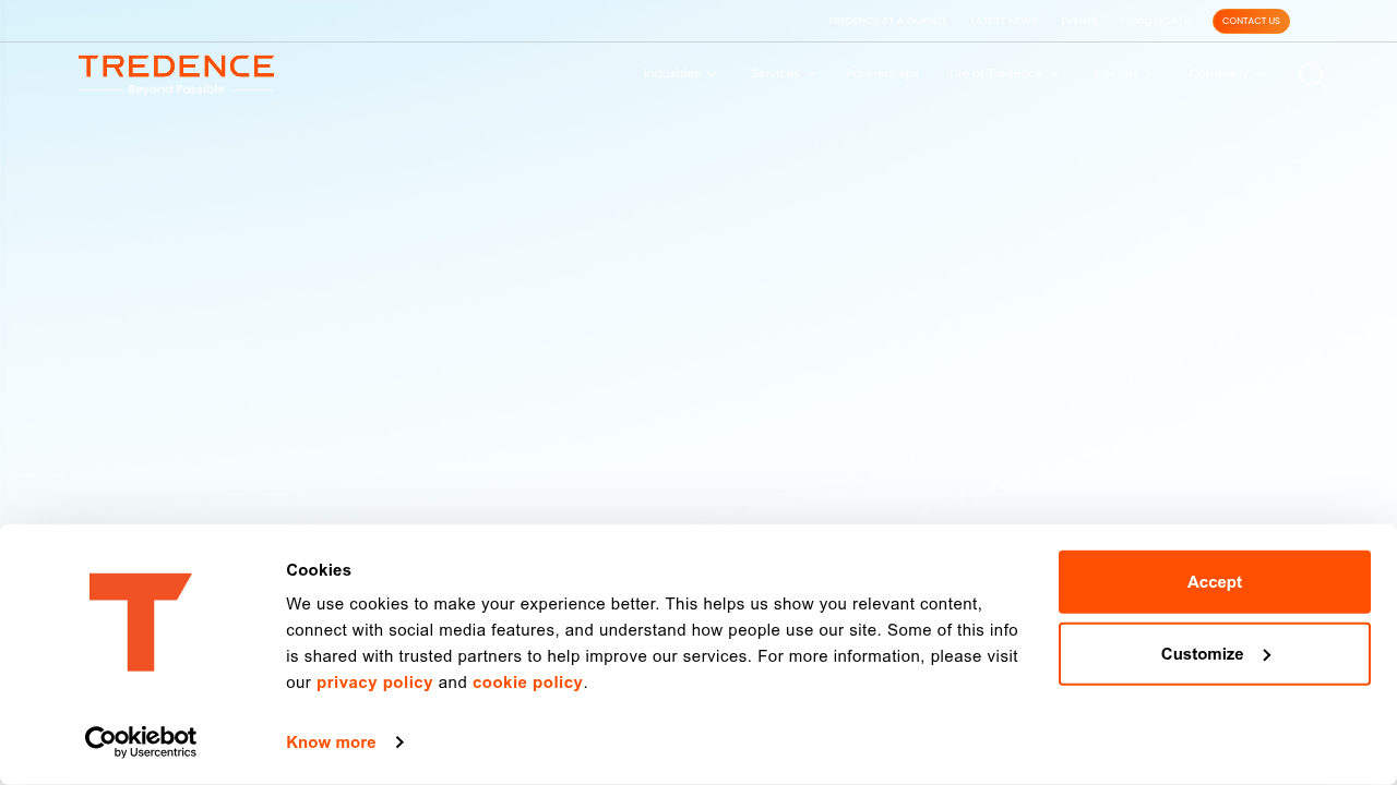 A screenshot of the Tredence homepage, a resource for data engineering interview preparation.
