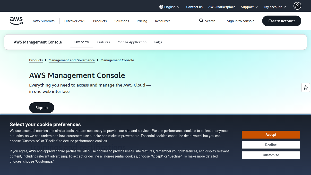 The primary entry point for managing services within your Amazon Web Services account.