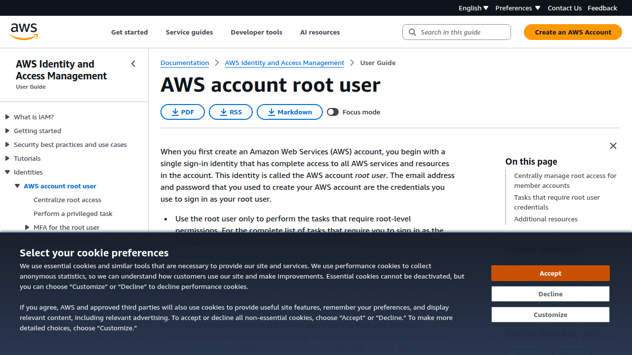 Official AWS documentation detailing the account root user, its privileges, and recommended best practices.