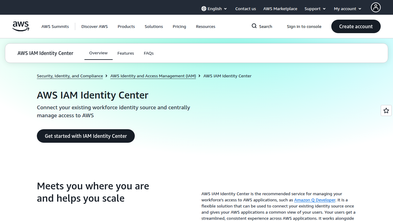 The official AWS page for Identity Center, providing centralized access management for AWS accounts and applications.
