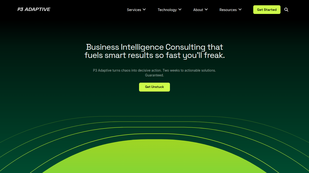 The homepage of P3 Adaptive, a resource for AI governance frameworks and business intelligence solutions.