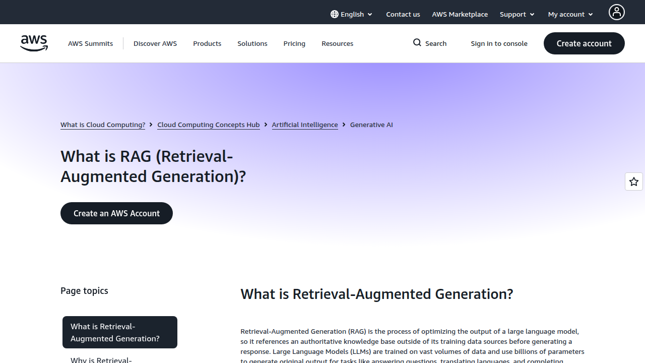The AWS explanation page for Retrieval-Augmented Generation (RAG), detailing how it enhances AI accuracy by grounding responses in verified data.