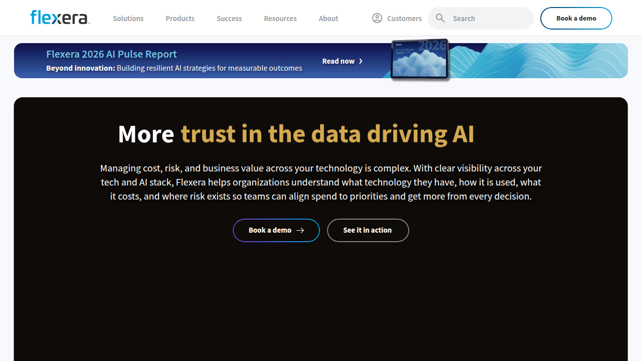 A screenshot of the Flexera homepage, offering insights into data architecture and cloud solutions.