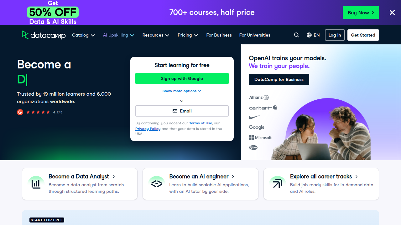 The homepage of DataCamp, an online learning platform for data science and Python skills.