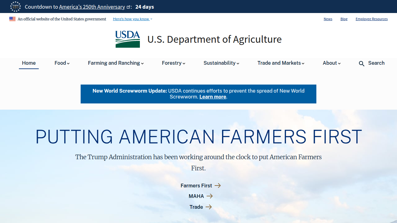 The official homepage of the U.S. Department of Agriculture (USDA), highlighting government initiatives in data strategy and collaboration.