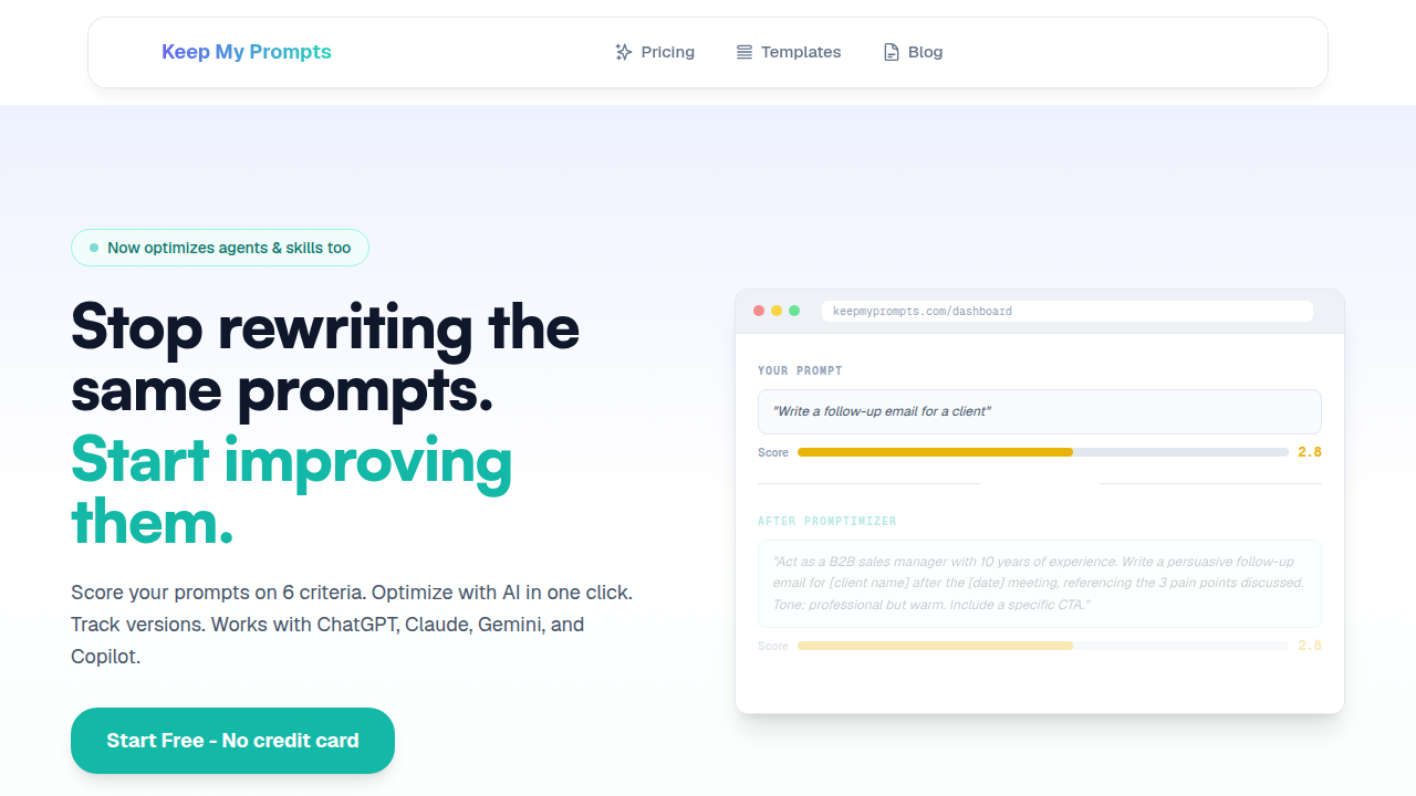 Screenshot of Keep My Prompts, a resource for improving AI prompt quality.