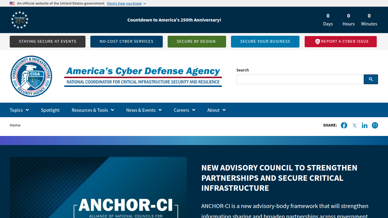 The official homepage of the Cybersecurity and Infrastructure Security Agency (CISA), a key source for cybersecurity guidance.