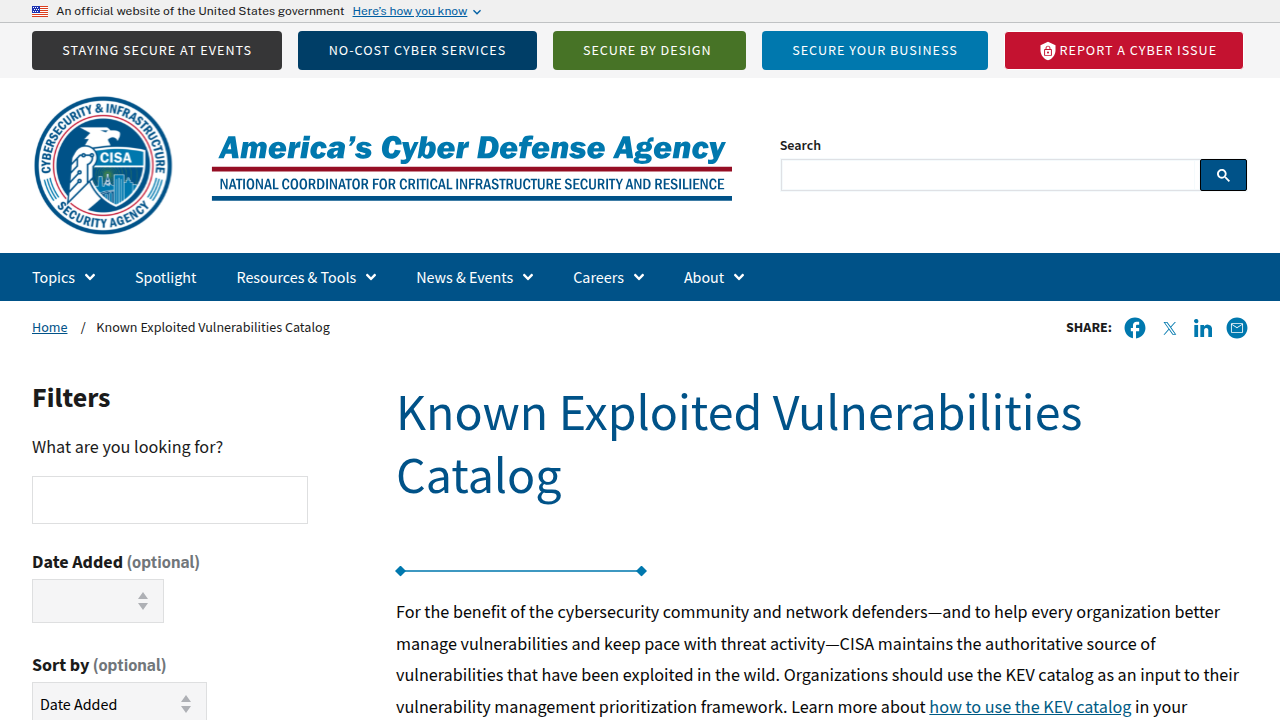 A screenshot of CISA's Known Exploited Vulnerabilities (KEV) Catalog webpage, listing critical security flaws.