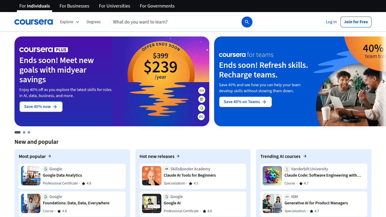 The homepage of Coursera, a leading online learning platform offering courses on data literacy and AI-related skills.