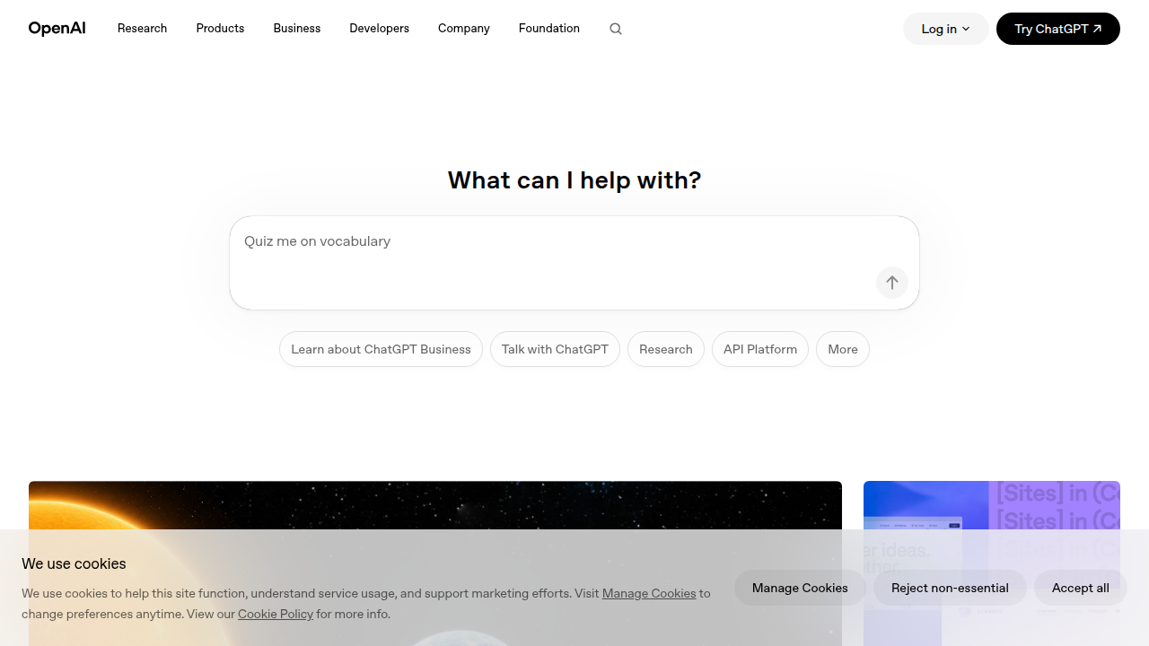 The official homepage of OpenAI, a research and deployment company behind advanced AI models like ChatGPT.