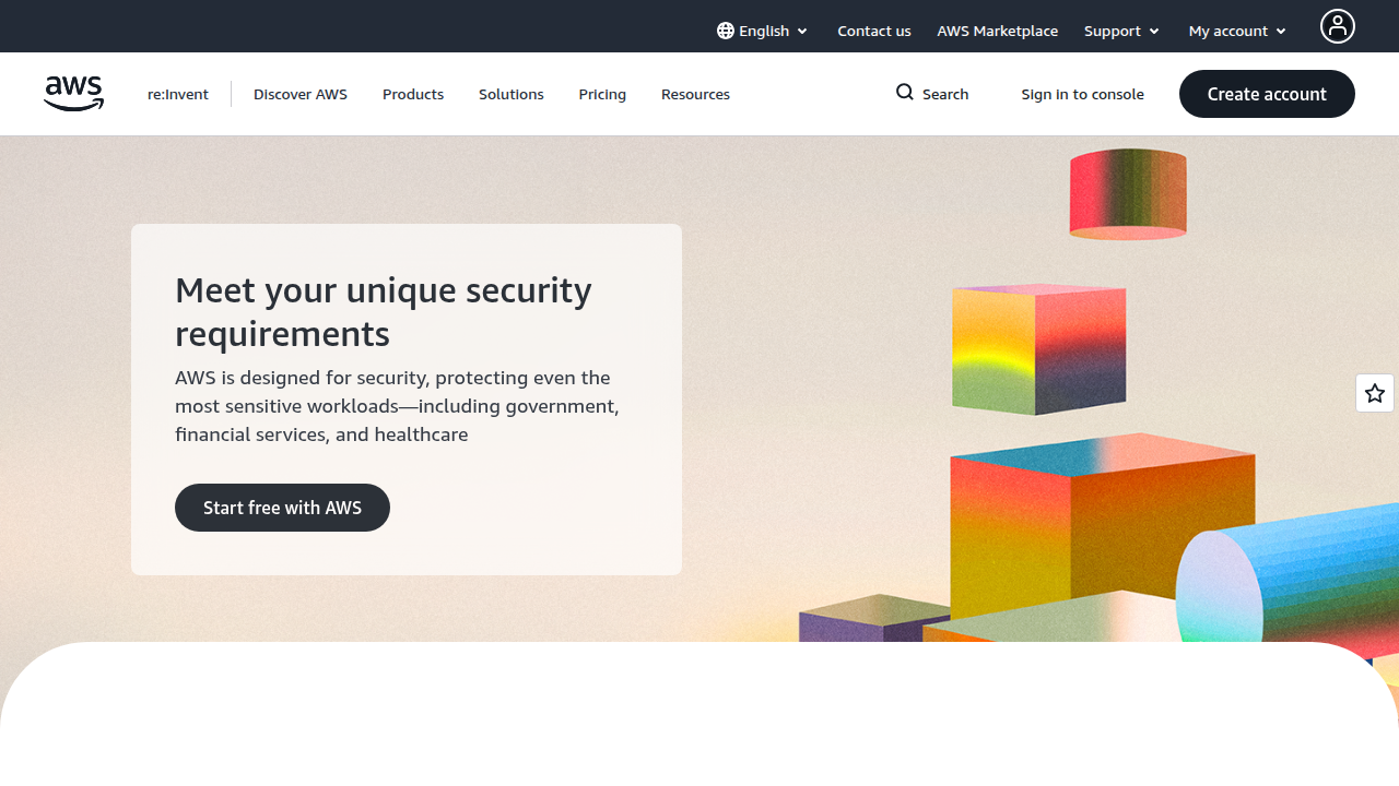 Screenshot of the Amazon Web Services (AWS) homepage, a leading cloud provider.