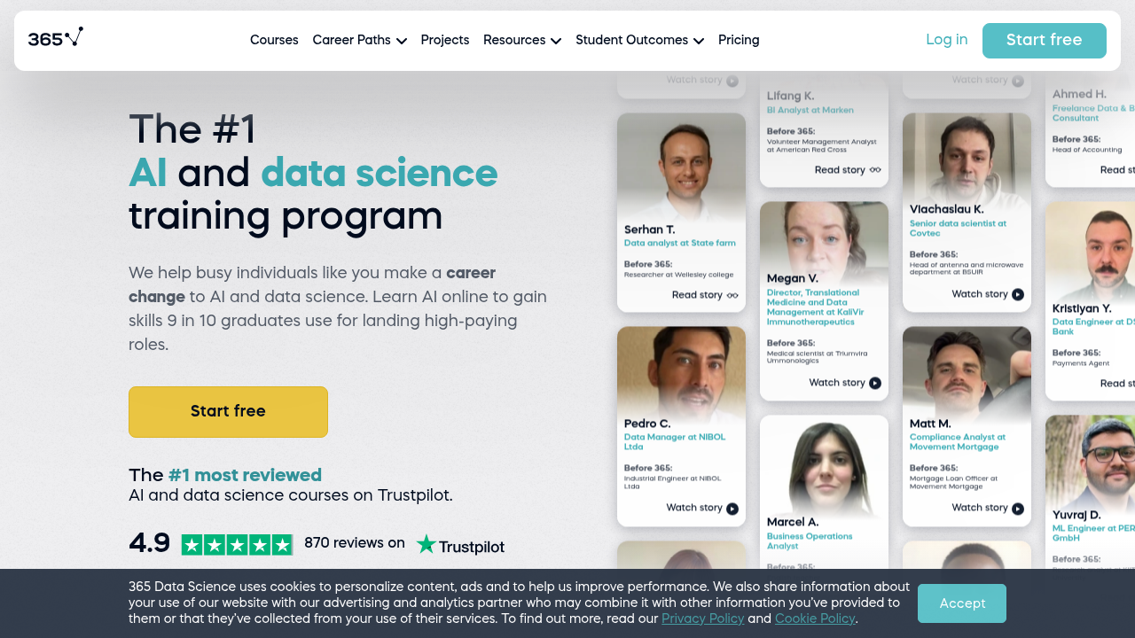 The homepage of 365 Data Science, a resource for data analyst career information and training.