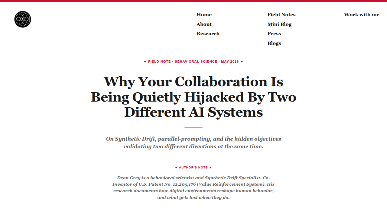 Screenshot of the blog post 'Why Your Collaboration is Being Quietly Hijacked by Two Different AI Systems,' discussing information vertigo.