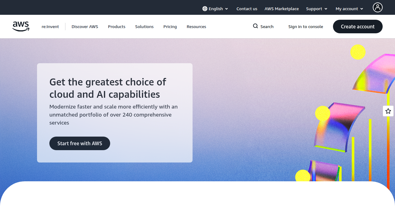 Screenshot of the Amazon Web Services (AWS) homepage, a leading cloud infrastructure provider.