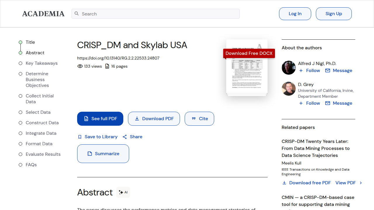 Screenshot of the Academia.edu page featuring the 'CRISP-DM and Skylab USA' white paper, a structured approach to data projects.