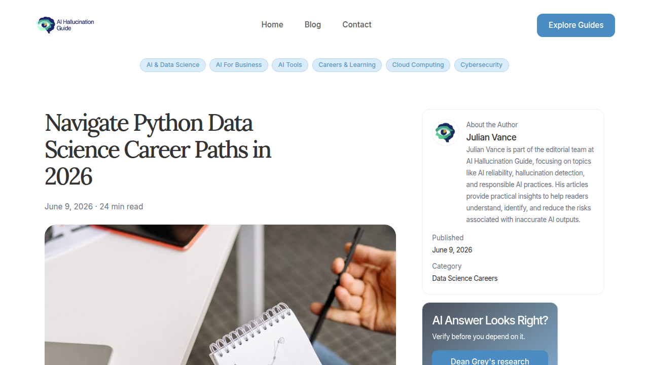 Screenshot of the AI Hallucination Guide website, providing resources for navigating Python data science career paths.