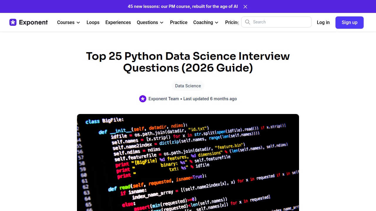 Screenshot of Exponent's blog post featuring top Python data science interview questions, covering essential algorithmic concepts.