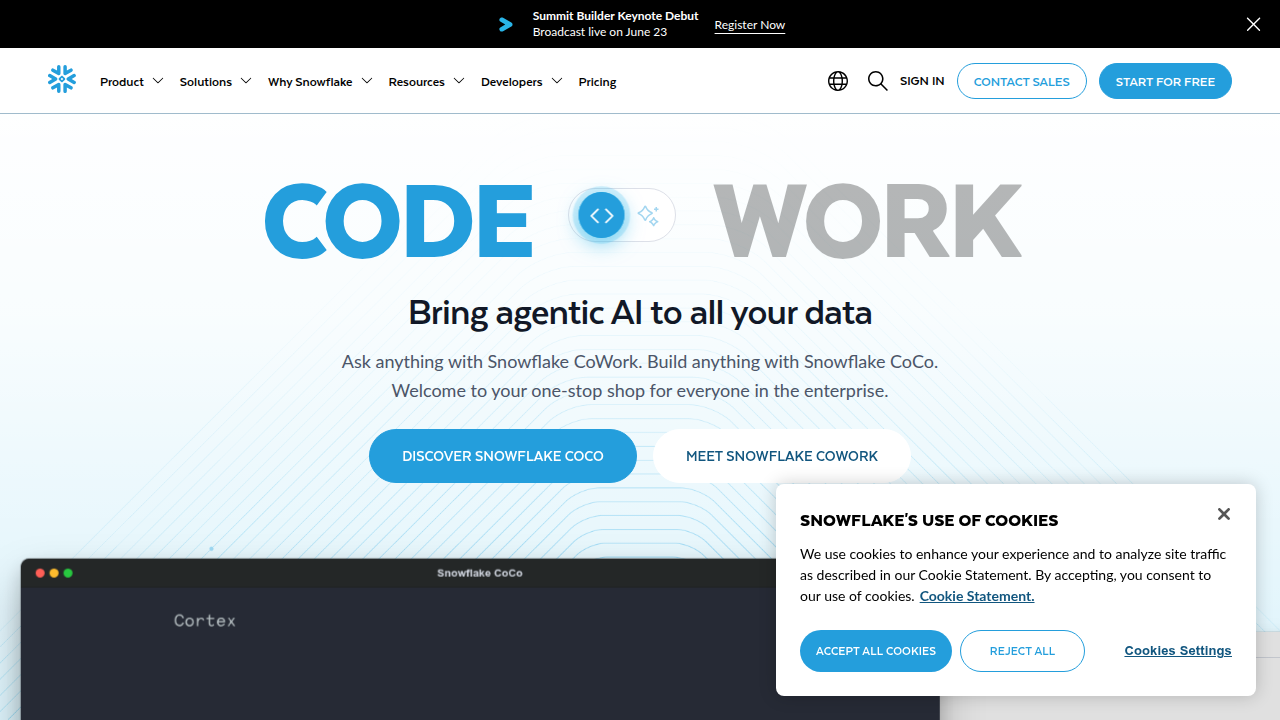 The homepage for Snowflake, a cloud data platform that processes structured, semi-structured, and unstructured data.