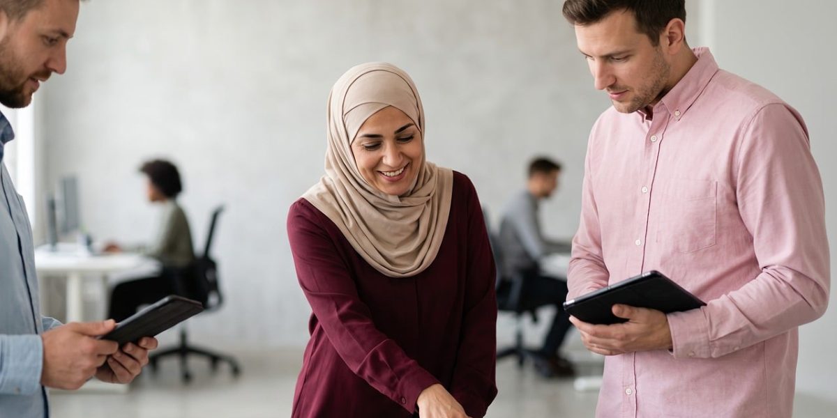 A diverse team collaborates on the ethical implications and positive potential of artificial intelligence.
