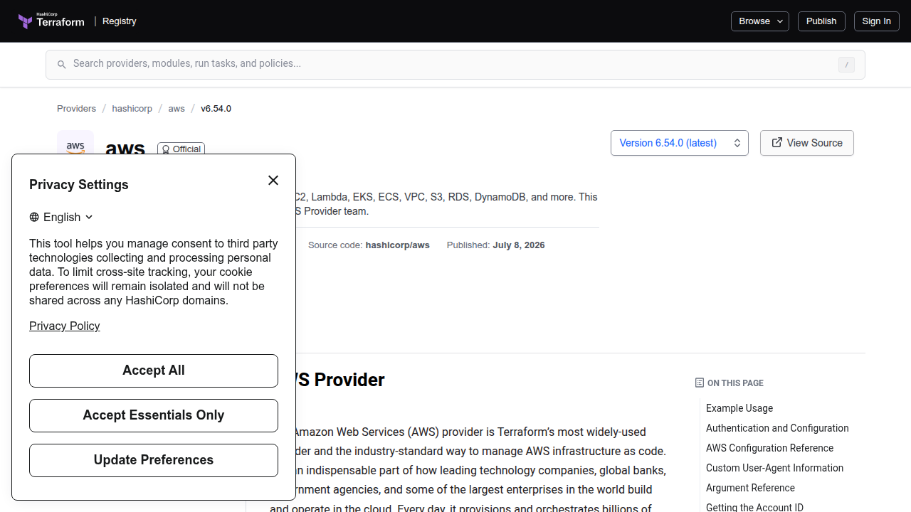 A screenshot of the official HashiCorp Terraform Registry page for the AWS provider, detailing its documentation and usage.