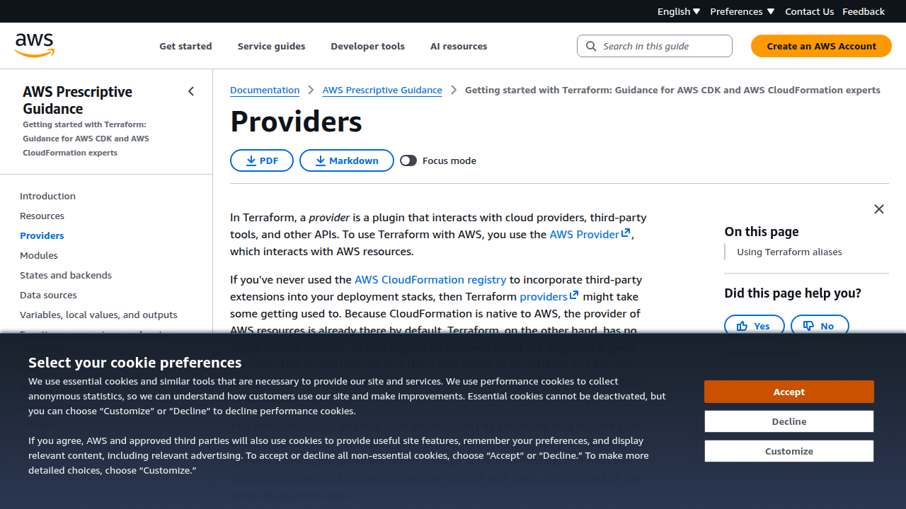 A screenshot of the AWS Prescriptive Guidance webpage, offering insights into Terraform providers and their integration with AWS services.