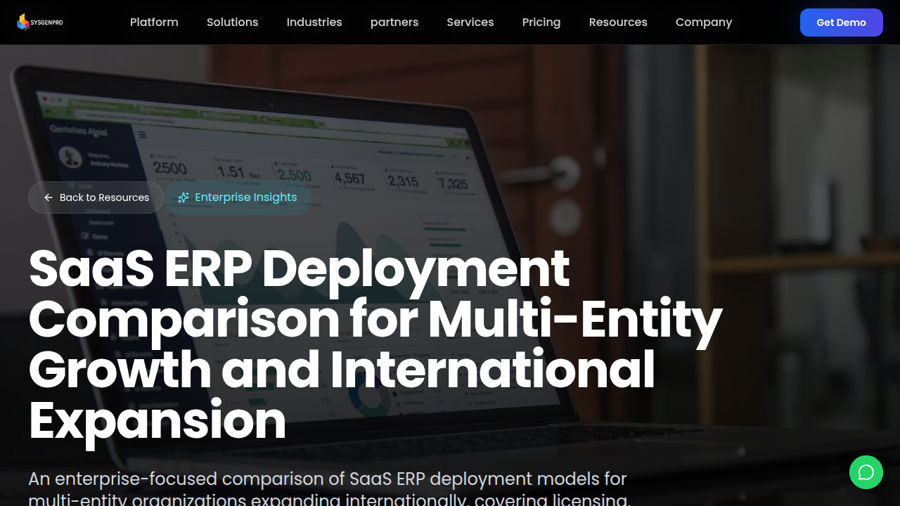 Sysgenpro's resource comparing SaaS ERP deployment options for multi-entity growth.