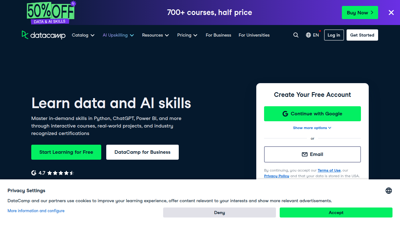 Screenshot of the DataCamp platform showcasing interactive exercises and course structure.