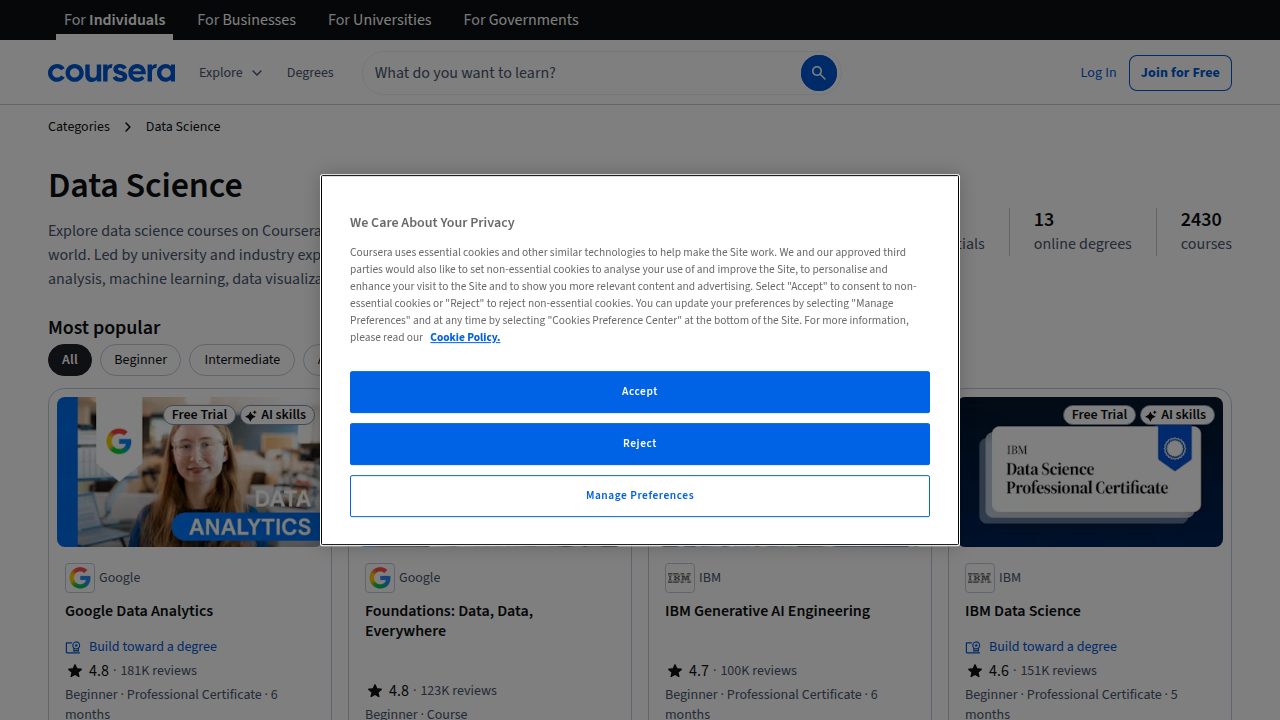 Screenshot of Coursera's platform, highlighting data science course offerings and learning paths.