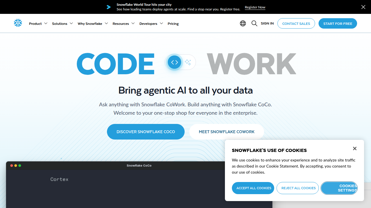 The homepage of Snowflake, a platform offering data governance solutions including data lineage and provenance.