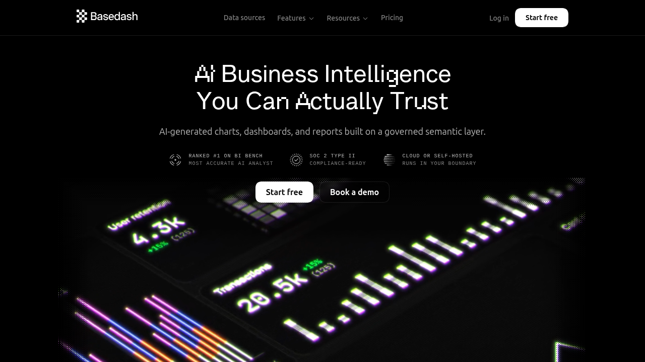 The homepage of Basedash, showcasing tools for data management and collaboration.