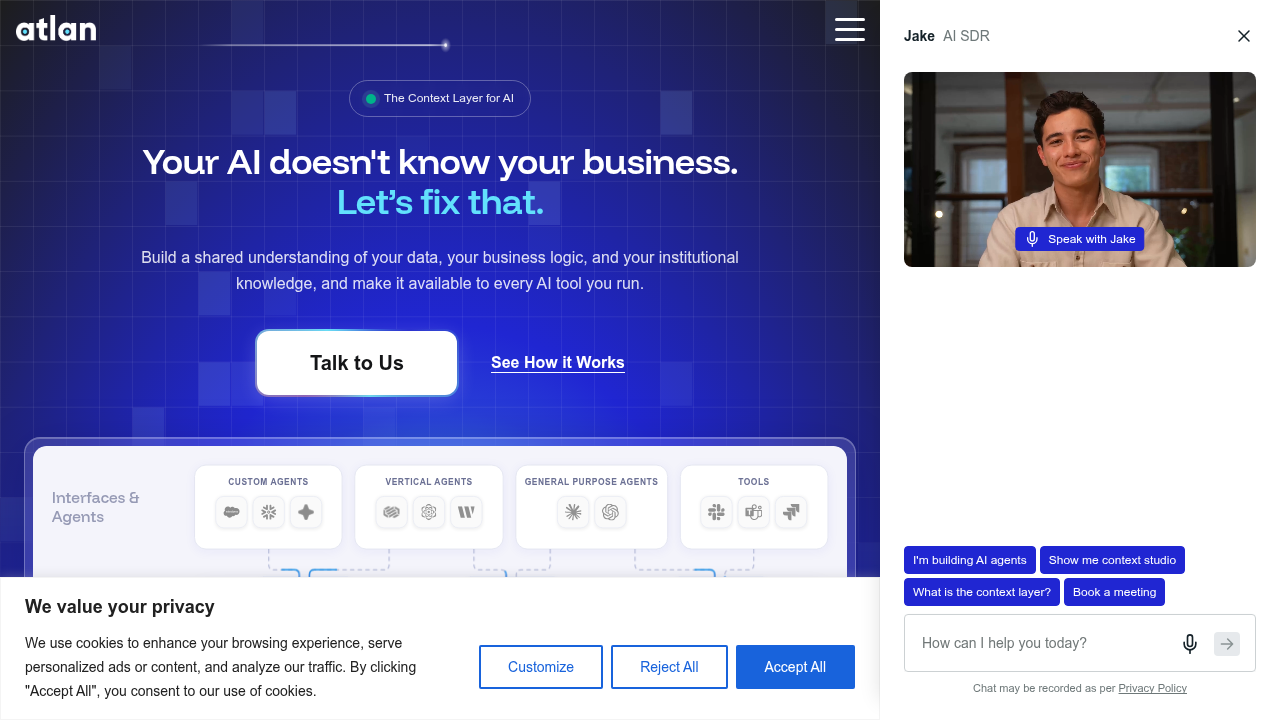 The homepage of Atlan, featuring solutions for data governance and AI risk management.
