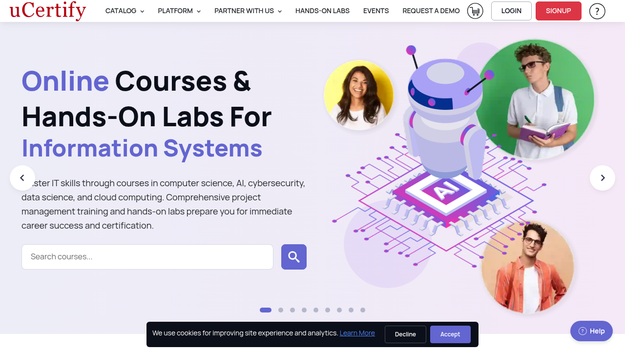 Screenshot of the uCertify website, a platform offering training courses including Artificial Intelligence for Cybersecurity.