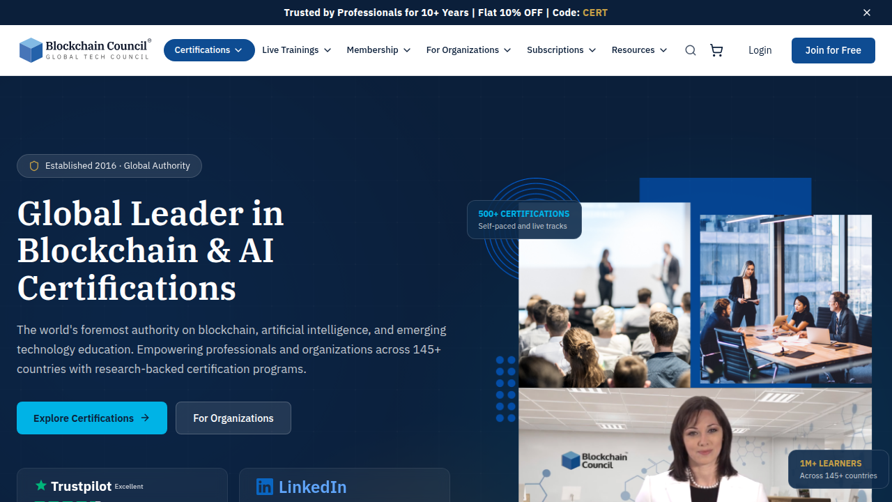 Screenshot of the Blockchain Council website, which offers certifications including AI security.
